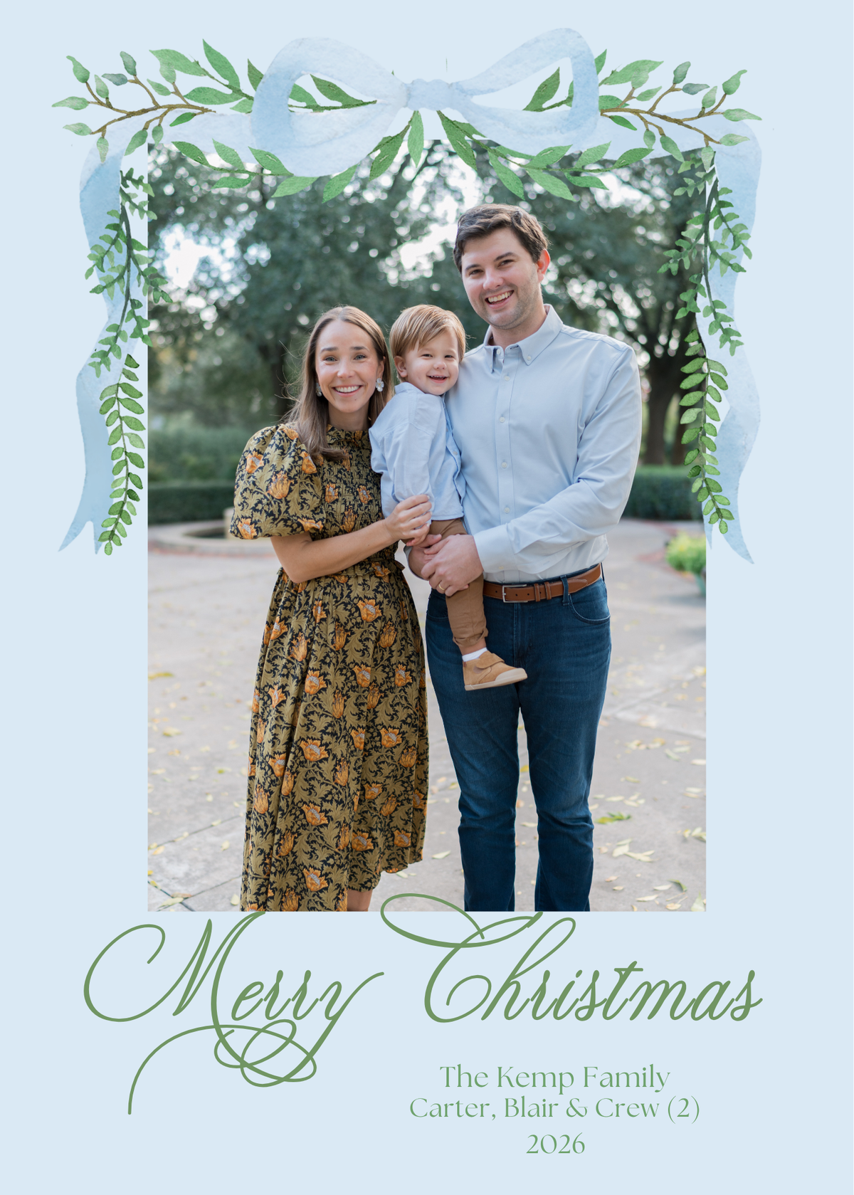 Blue Bows with Greenery Christmas Card