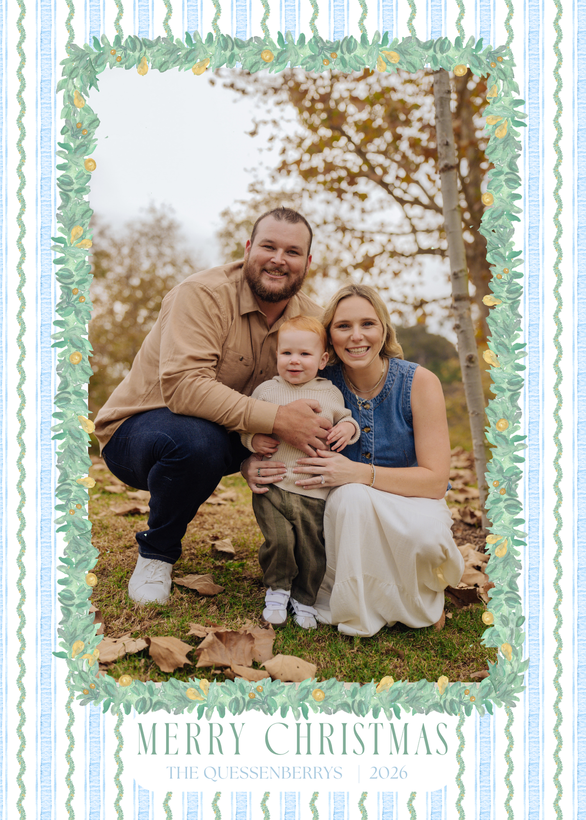 Watercolor Border and Stripe Christmas Card (Rectangle)