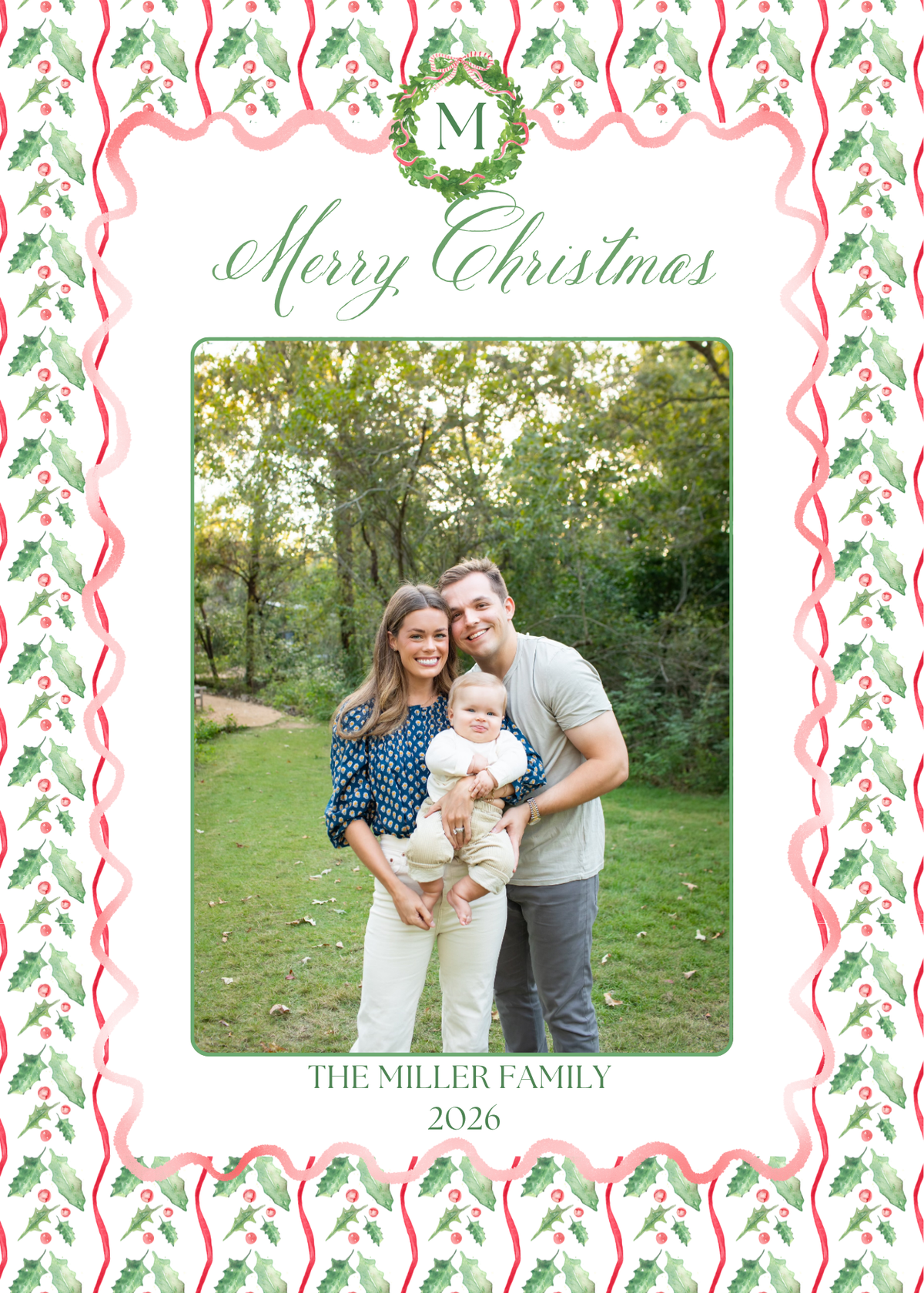 Green Watercolor Holly Border Christmas Card