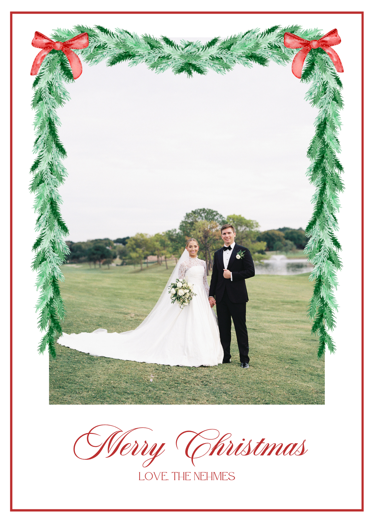 Greenery with Red Bows Christmas Card