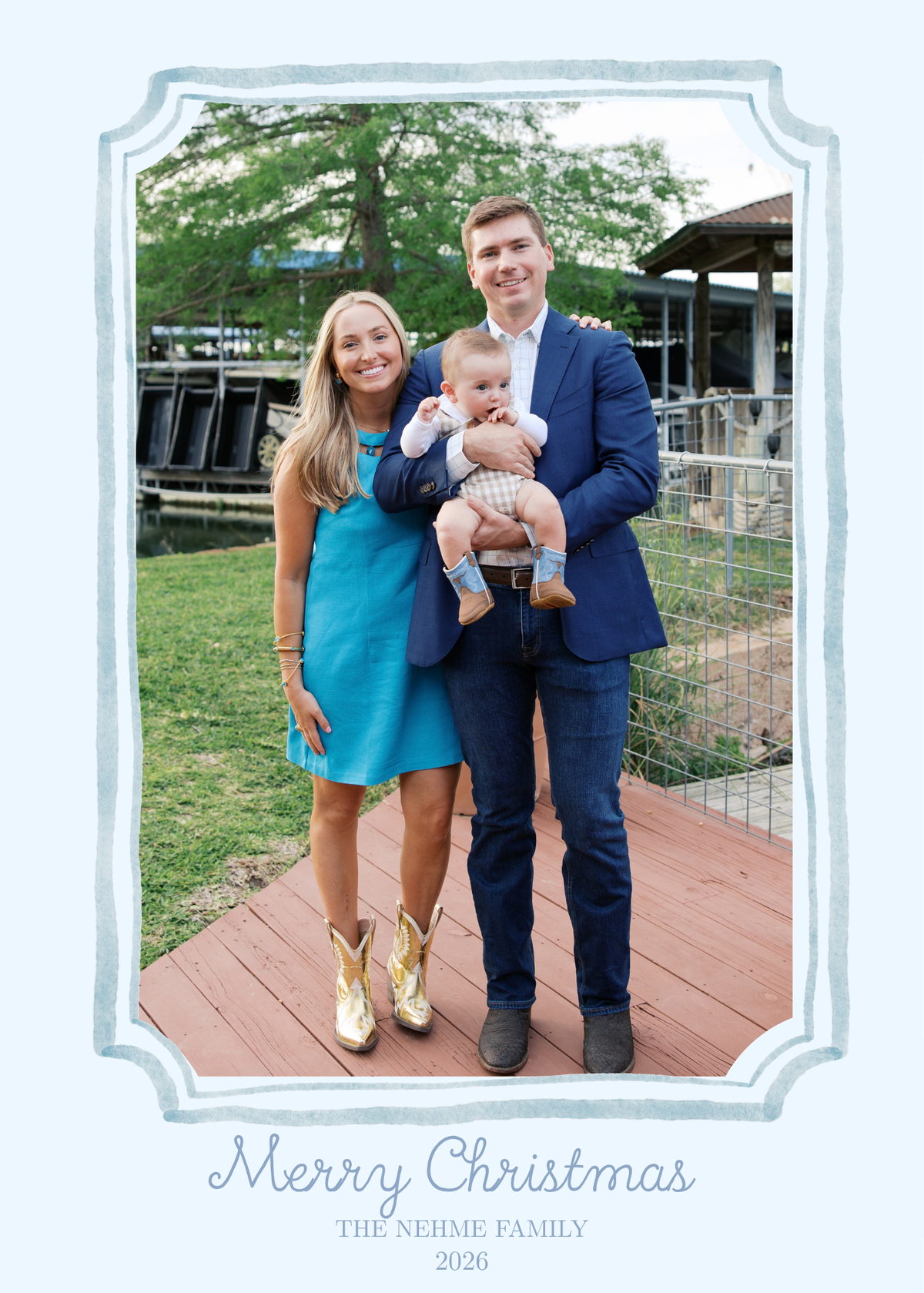 Blue Watercolor Border Christmas Card