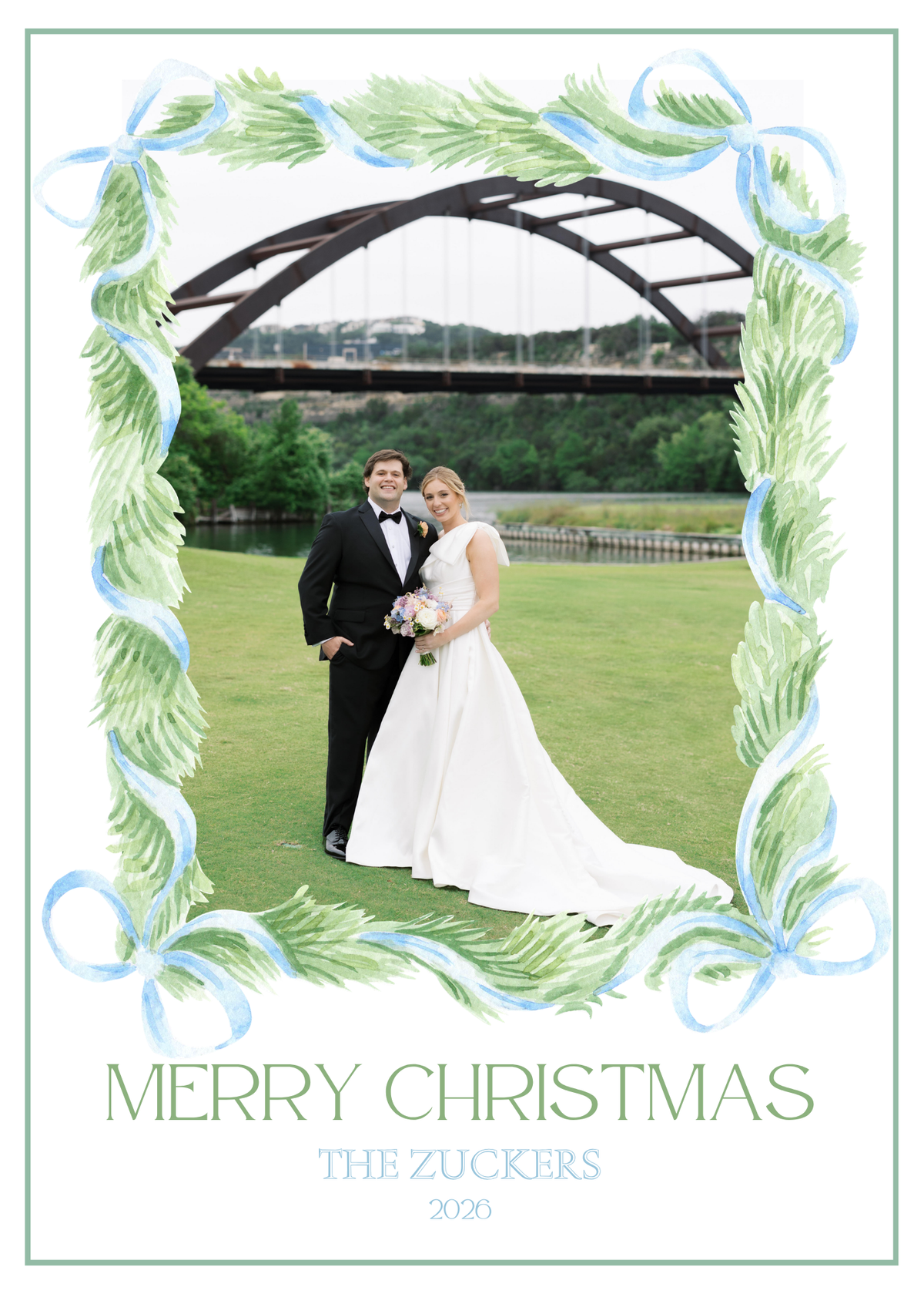 Watercolor Blue and Green Christmas Card