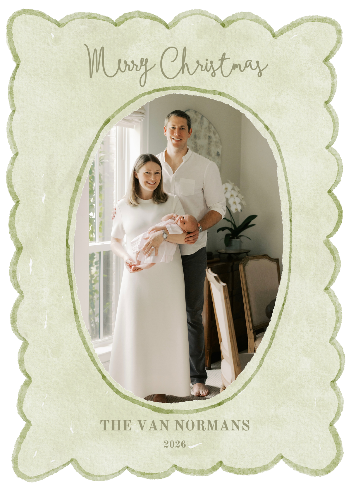 Green Watercolor Scallop Border Christmas Card