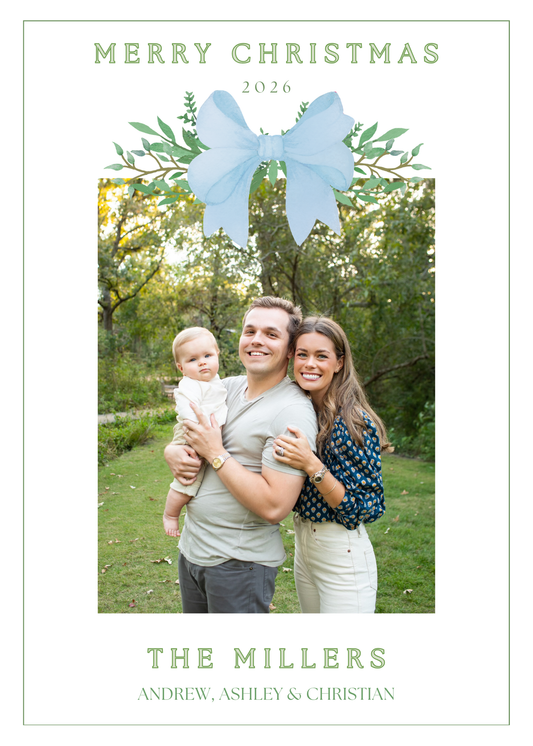 Greenery and Blue Bow Christmas Card